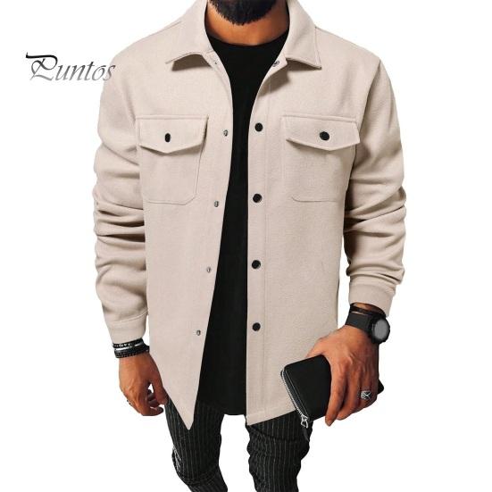 Simple Lapel Male Coat Men Autumn Winter Solid Color Shirt Long Sleeve Flap Relaxed Fit Jacket Pockets Single Breasted Loose Casual Tops Retro Texture