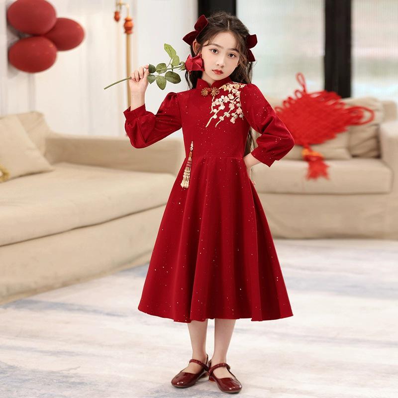 Fashionable Red New Year Princess Dress for Girls, Medium-Large, Autumn/Winter Lady-like Style