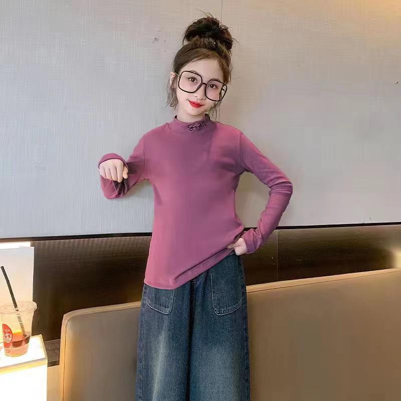 

Девочки Весна/Осень 2025 Базовый слой с флисовой подкладкой: Детская футболка с длинным рукавом и полувысоким воротником из немецкого бархата 120