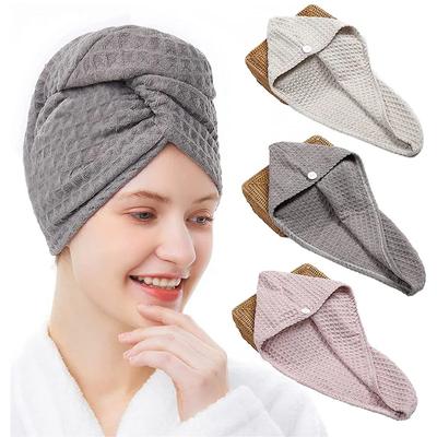 Microfiber Hair Wrap Waffle Hair Drying Towel Absorbent Dry Hair Turban with Button Twist Hair Towels Cap Quick Anti Frizz Hair