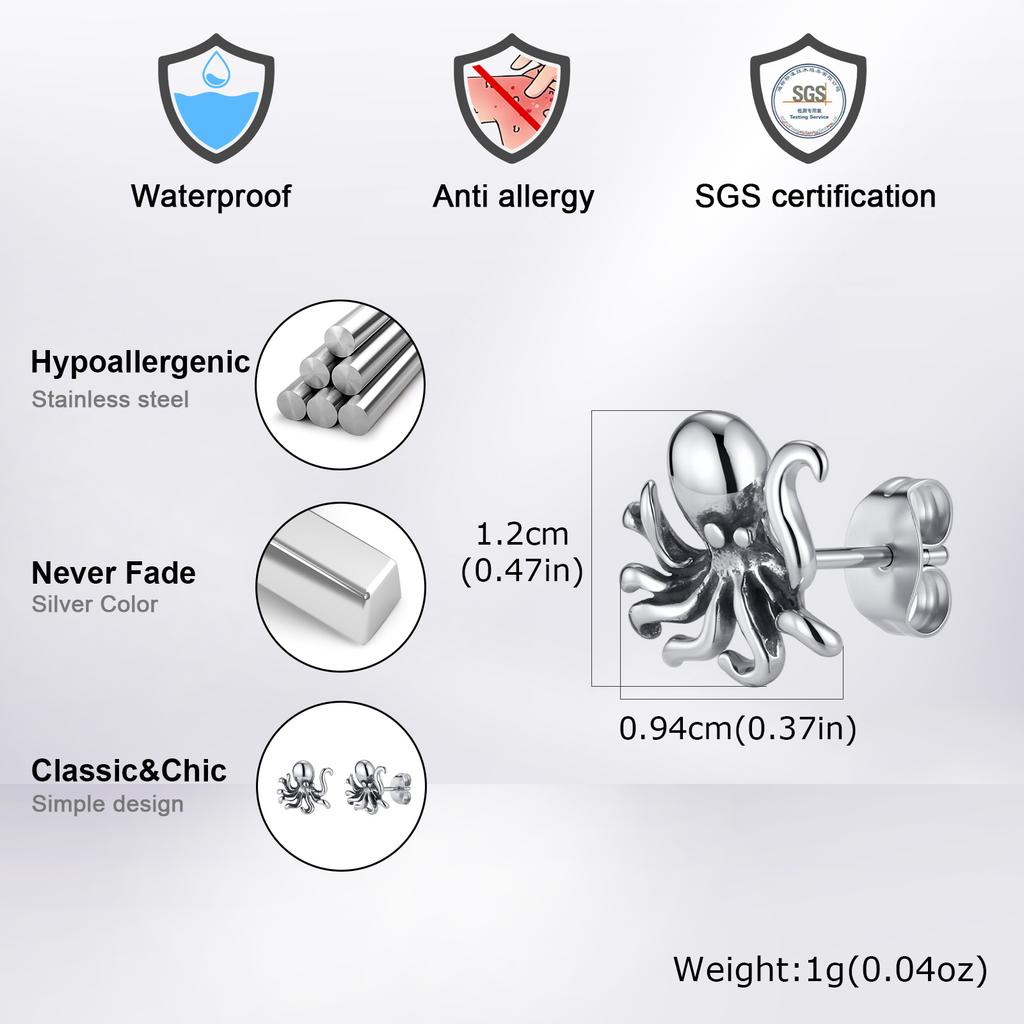 Vnox Stainless Steel Octopus Stud Earrings for Men Women, Animal Punk Hip Hop Earring for Party, Vintage Piercing Jewelry Gifts