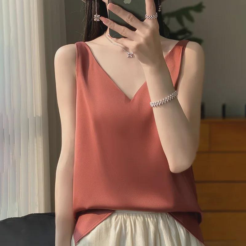 

Женская шелковая атласная майка на тонких бретелях с V-образным вырезом – трендовый весенне-летний облегающий внутренний топ XXXL