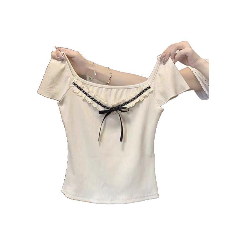 Bow splicing lace short-sleeved shirt women's collar slim-fitting and thin short knitted sweater top summer