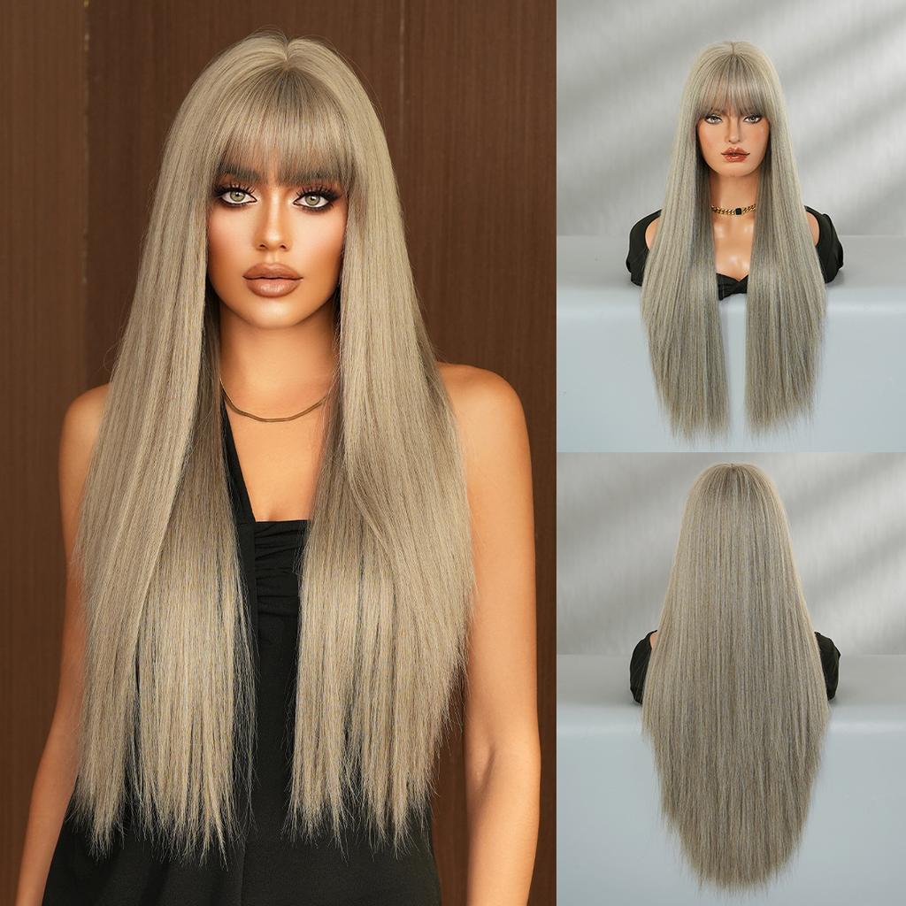 High Quality One Size Fits All Ultra Long Straight Hair 28 Inch Wig Women With Bangs Daily Anti-aging JK Black Cover