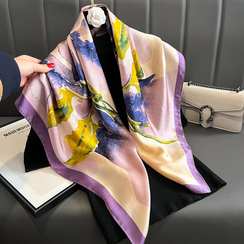 Luxury  Silk Scarf For Women Hijab Bandana Fashion 90*90Cm Square Scarves Handkerchief Design Shawl Wraps Echarpe Foulard