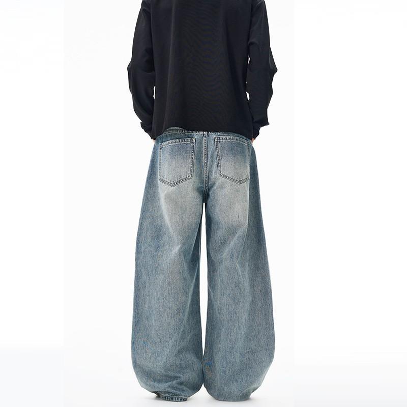 Mens Vintage Washed Straight Fit Denim Jeans With Whiskering Loose Casual Trousers Teens Adults