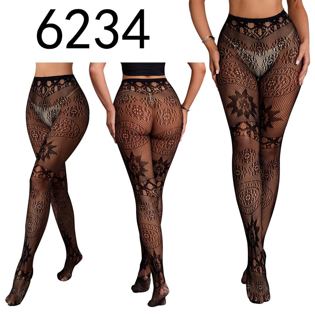 "Black Fishnet Pantyhose with Hollow Suspender Design"