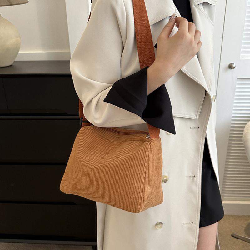 Solid Color Corduroy Shoulder Bag All-match Zipper Handbag Versatile Carry On Crossbody Bag