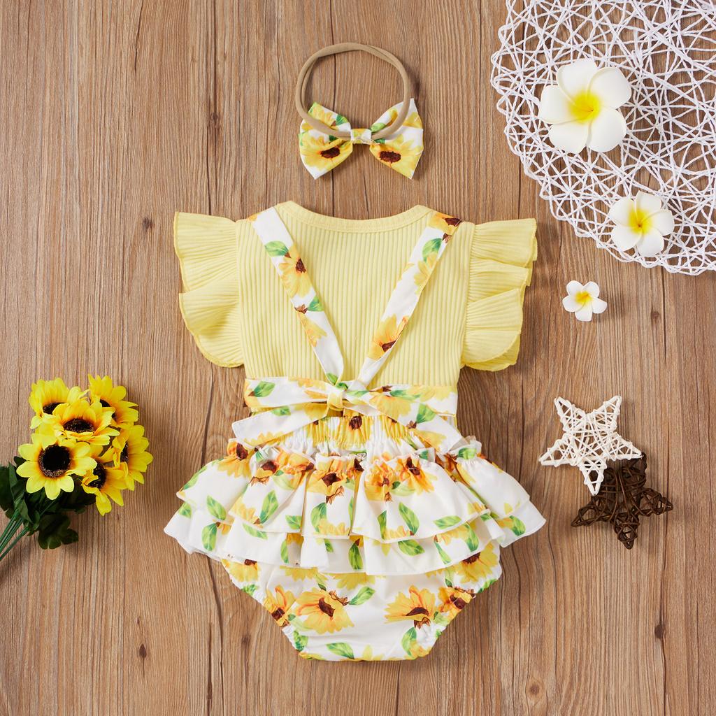 Toddler Baby Girls Solid Tops+Sunflower Floral Printed Suspender Shorts Outfits