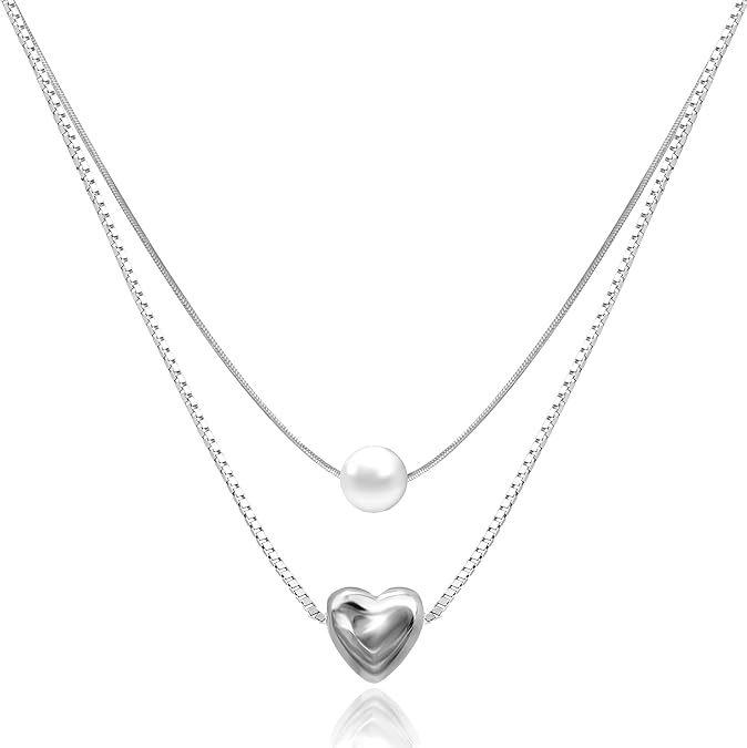 Cross-Border Fashion Double-Layer Pearl Necklace with Heart Charm in Titanium Steel