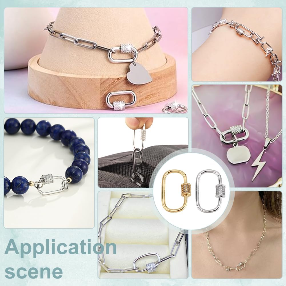 PH PandaHall 2 Colors 4pcs Oval Screw Lock Charms 18K Gold Plated Carabiner Lock Clip Micro Pave Cubic Screw Necklace Link Connector Golden Snap