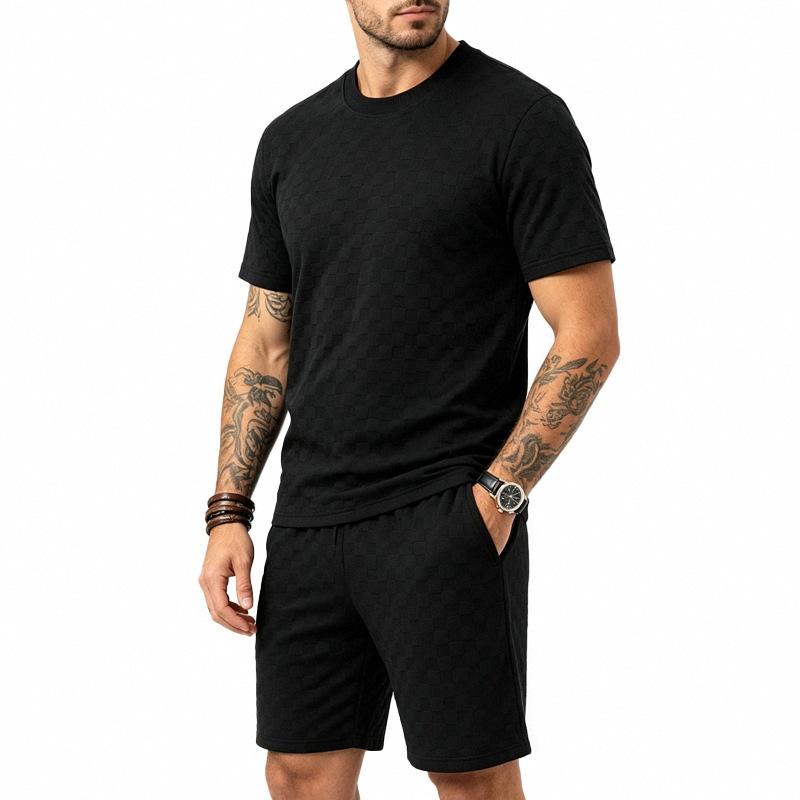 Men S Casual Short Sleeve Round Neck Jacquard Towel Texture Set