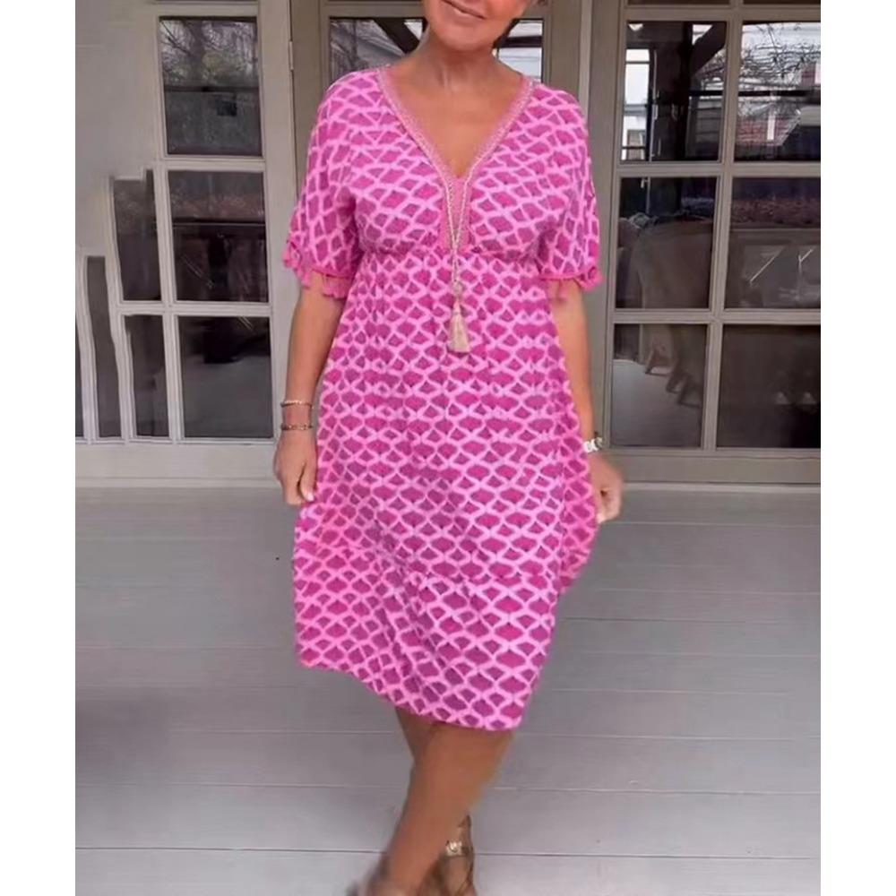 

HNXC Женская мода лето весна короткие рукава V-образный вырез повседневные платья S розовый