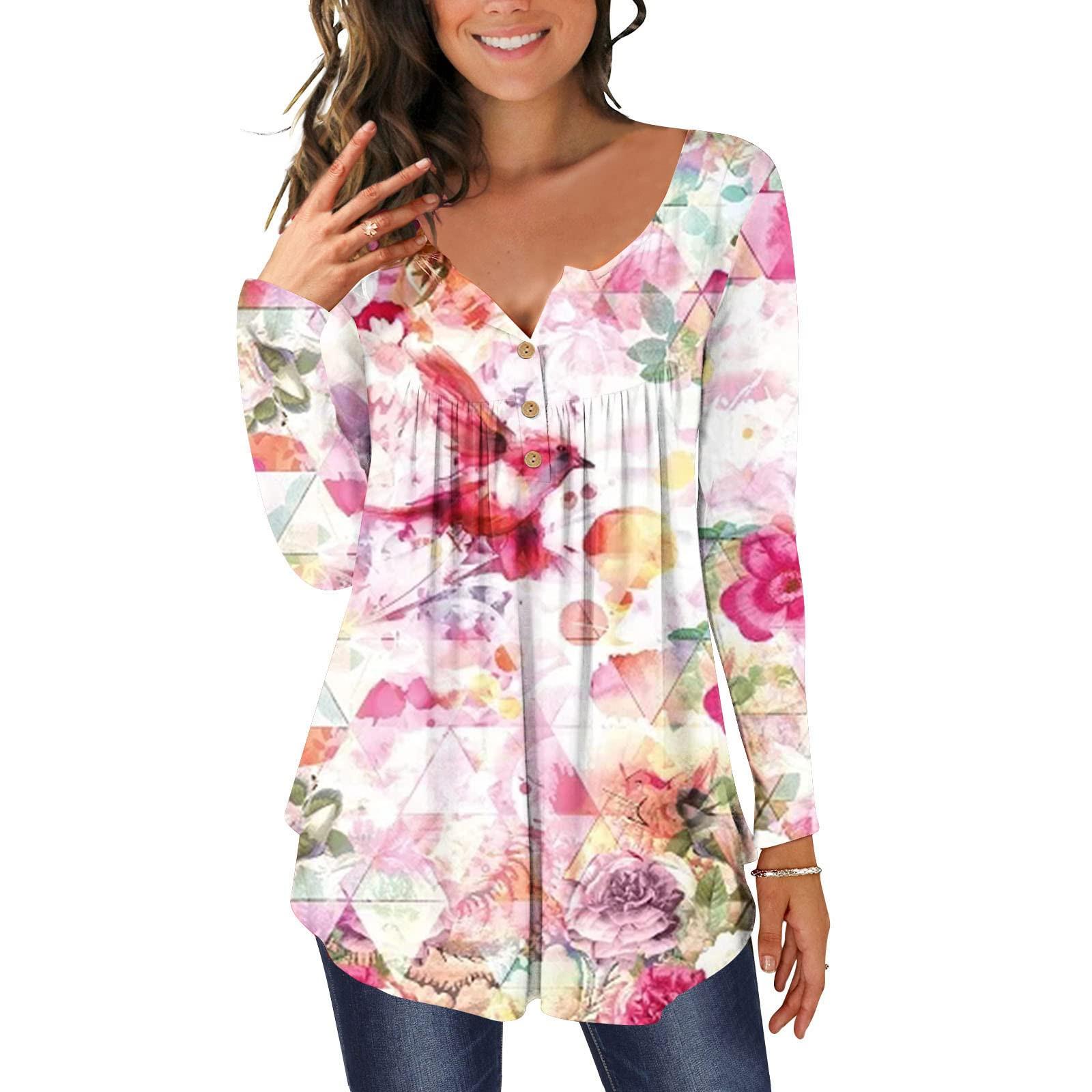 

Women s Long Sleeve Tunic Loose Tops Casual Plus Size Tops Pleated Tunic Button Down Casual Summer Spring T-Shirts Tops for Women L рожевий