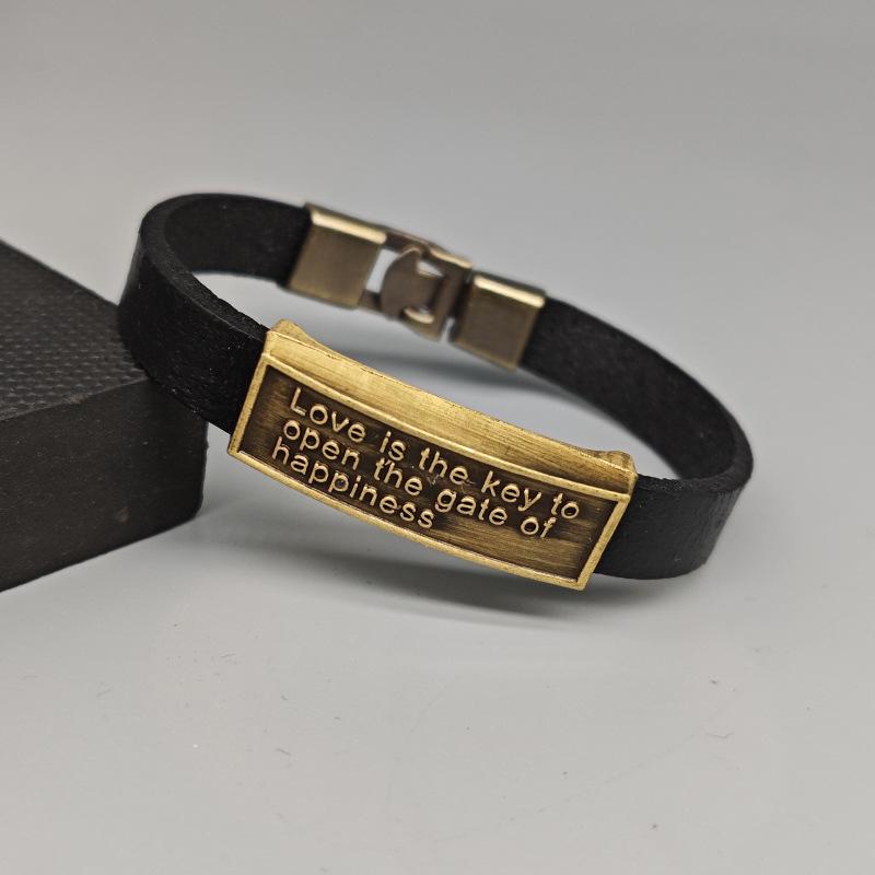 Vintage Men's Cowhide Bracelet: 'Love is Key' Fashion Design with Clasp