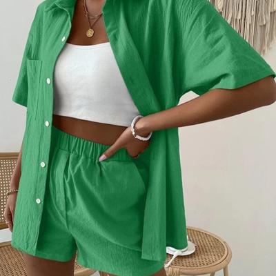 Women's Suit Short Sleeve Casual Elegant Green Soild Two Piece Set Women Outfit Shirt for Women