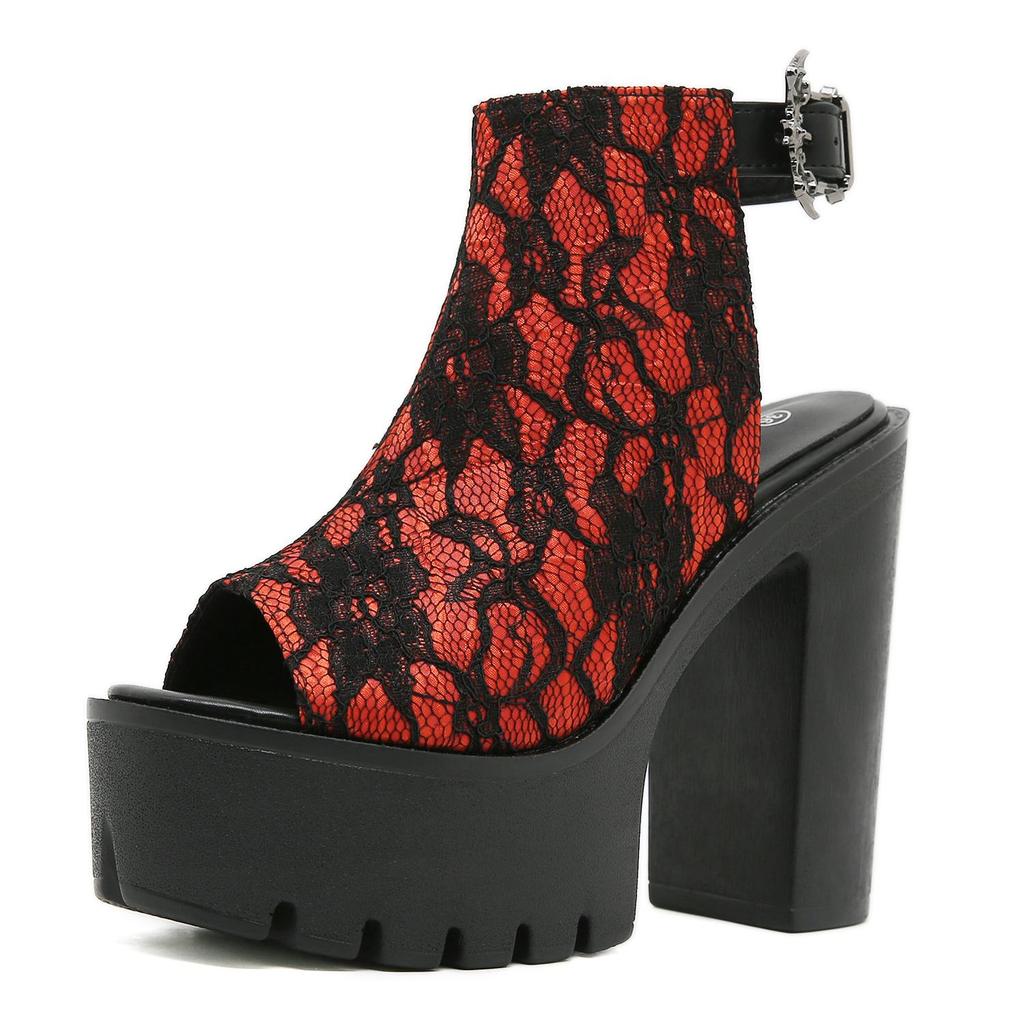 Gdgydh Eleganti Décolleté Retrò a Rete per Donna Pizzo Peep Toe Scarpe con Plateau Cinturino alla Caviglia Sandali con Plateau Rossi Slingback