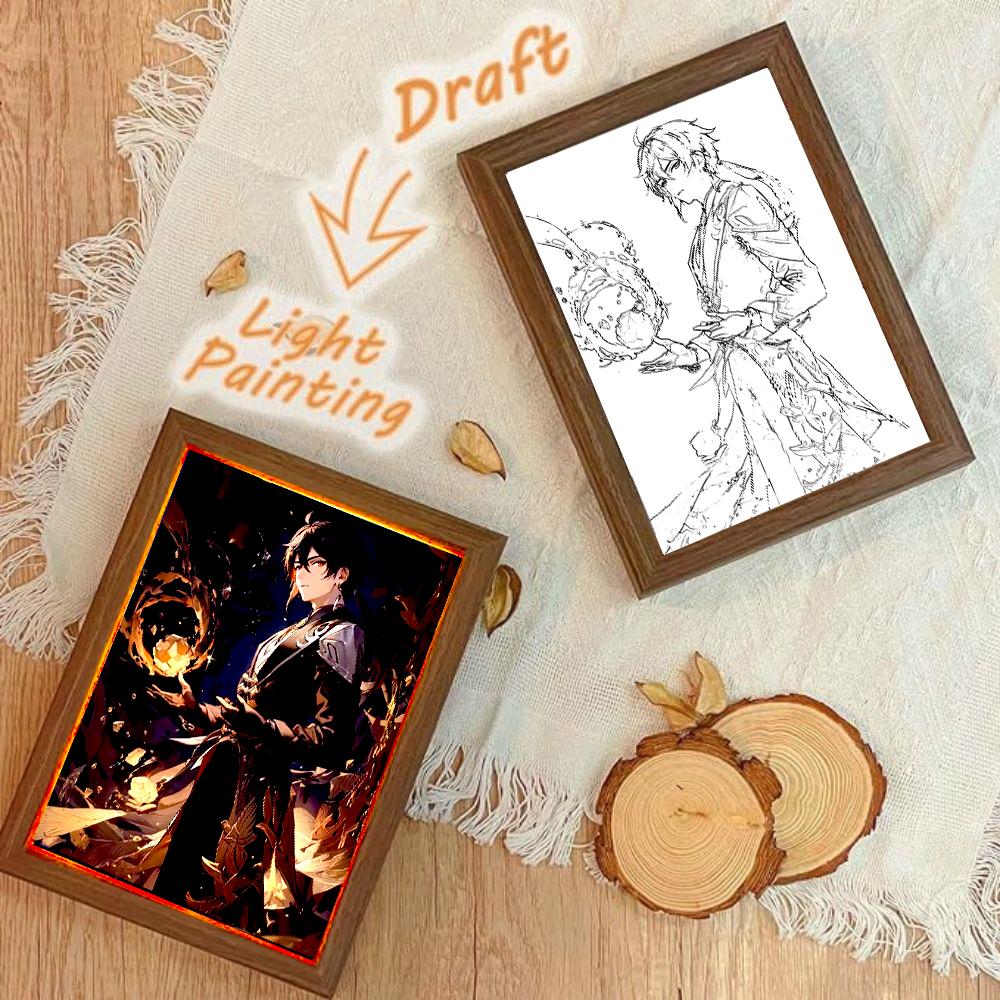 Anime Figure Genshin Impact Light Painting Photo Frame  Raiden Shogun Action Led Night Light Room Decor Christmas Gift Moon Lamp