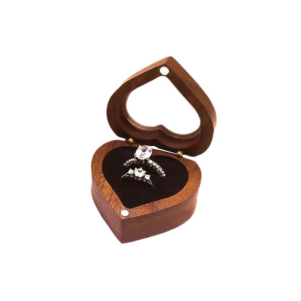 Porte-bagues portable 2 emplacements en forme de cœur Couvercle magnétique Boîte à bagues en bois de noyer pour mariage Emballage Boîte porte-bagues de fiançailles Couples