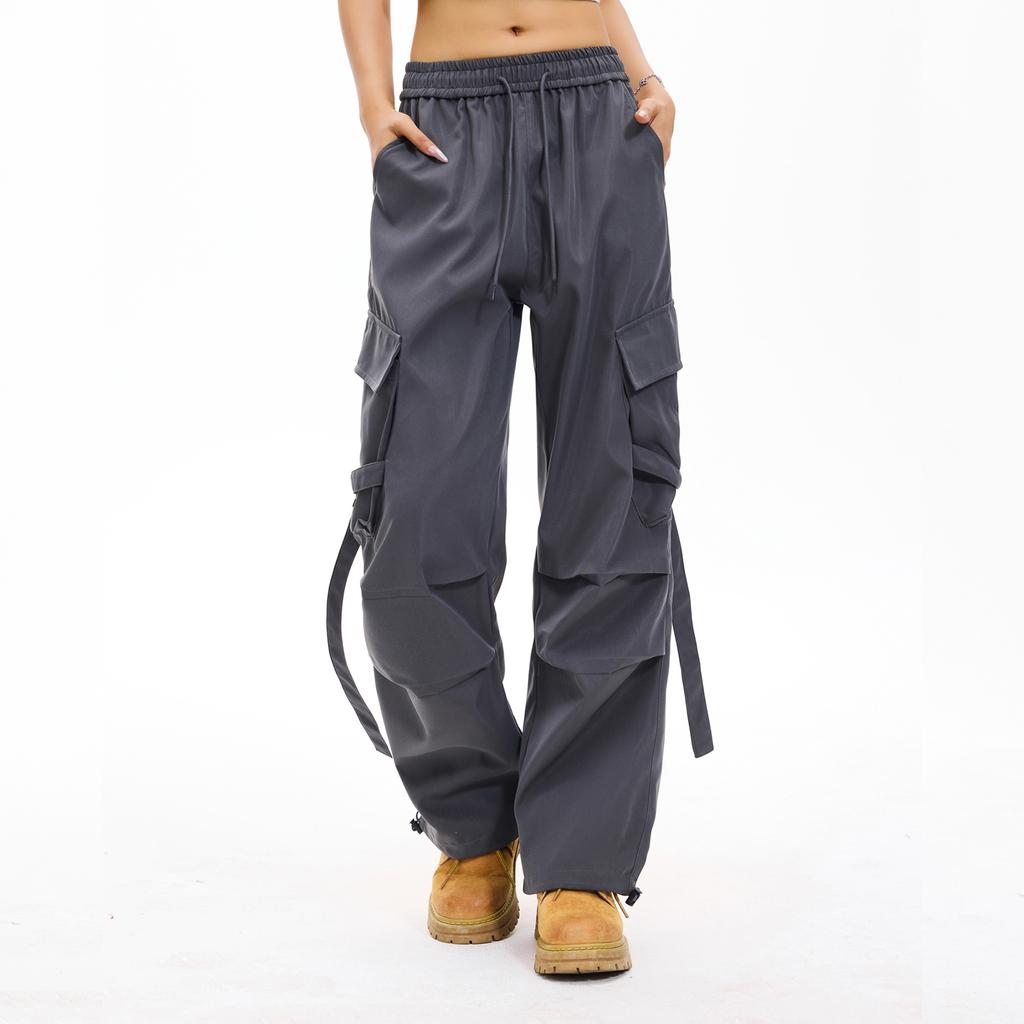 Women's Overalls Casual Lightweight Solid Color Trousers Drawstring Multi-Pockets Straight Leg Pants