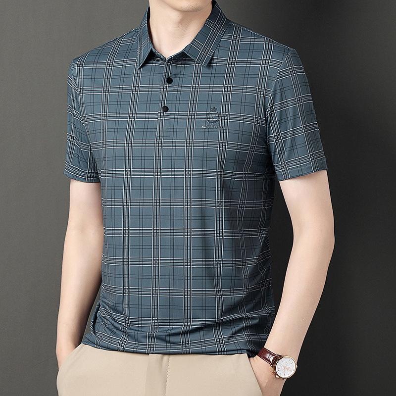 

Летняя новая мужская рубашка поло в клетку с короткими рукавами, деловая повседневная футболка, топ для папы молодого и среднего возраста, мужская одежда XL