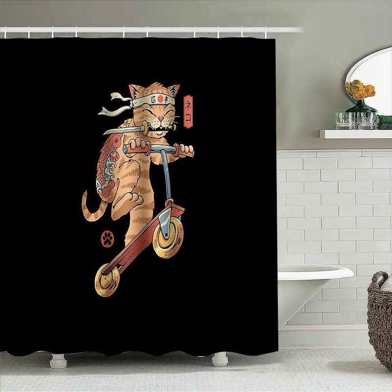 Japanese Cat Scooter Anime Shower Curtain Unique Cool Funky Washroom Decor Home Decor Gift For Cat Lovers