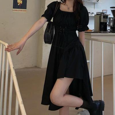 Women's White Dress Summer Elegant Vintage  Puff Sleeve Midi Dress Square Collar Bandage Sundress Goth Outfits