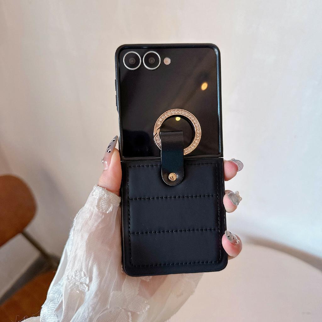 For Samsung Galaxy Z Flip7 5G Case Case Down Jacket Style Rhinestone Decor Ring Holder Leather Coated PC Phone Cover