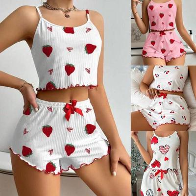 Women's Ribbed Knit Heart Print Pajamas Spaghetti Strap Tank Top and Shorts Set