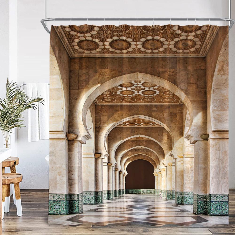 3D Moroccan Vintage Shower Curtain Aged Gate Geometric Pattern Doorway Design Entrance Architectural Oriental Style Bathroom Cur