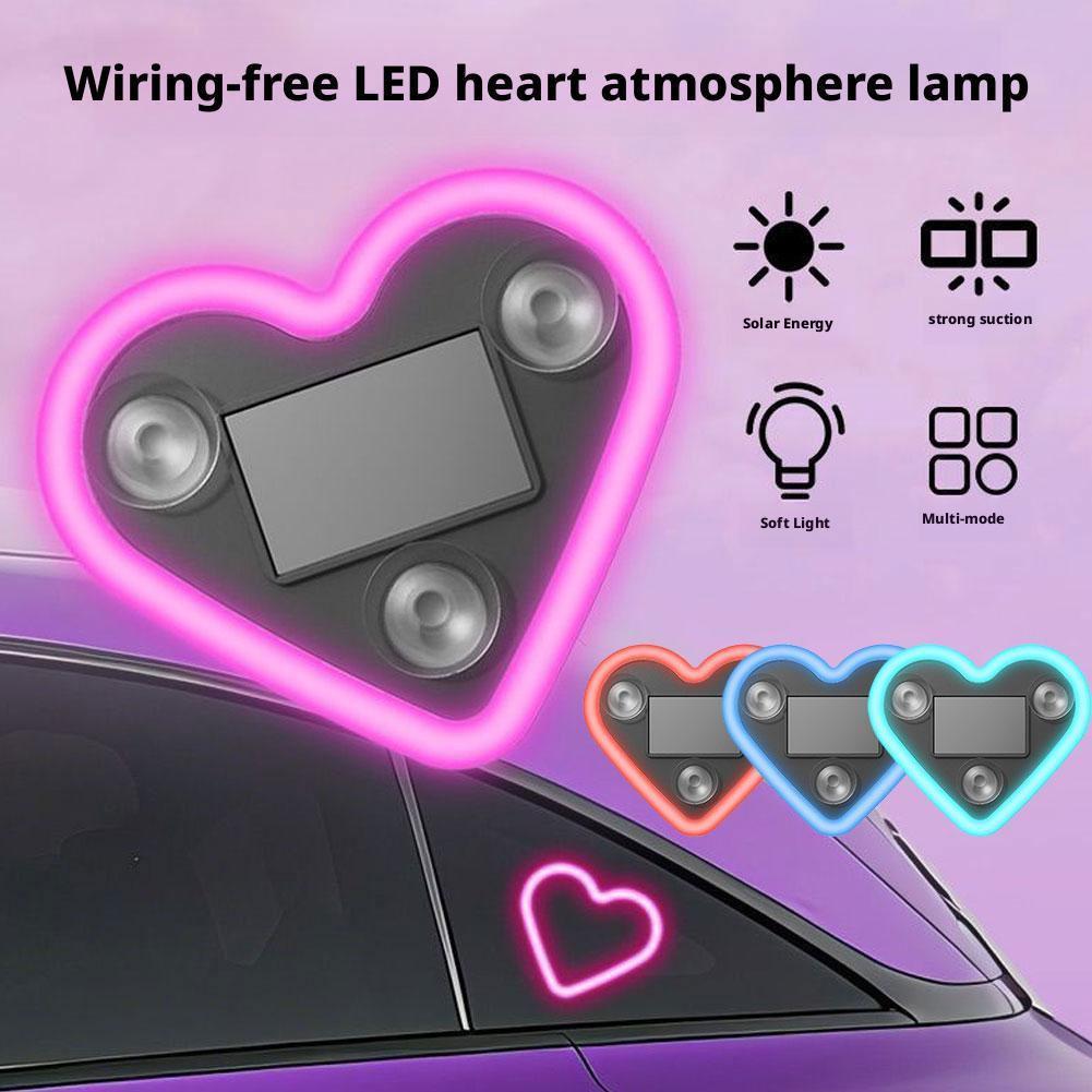 Car Triangle Window LED Solar Powered Heart-shaped Neon Light Rear Window Illuminated Interior Decoration Atmosphere Light