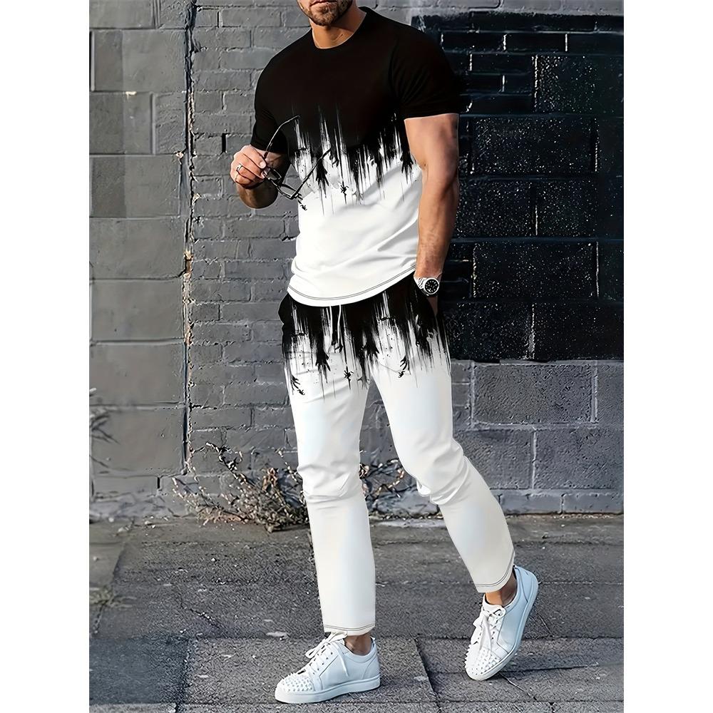 New Summer Men's Sports Suit Men's Round Neck Splicing Printed Short-sleeved T-shirt Loose Pants Two-piece Set Streetwear
