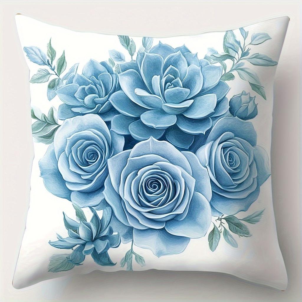 Nordic Blue Floral Print Pattern Home Decor Pillowcase Bedroom Living Room Sofa Decoration Polyester Cushion Cover with Zipper