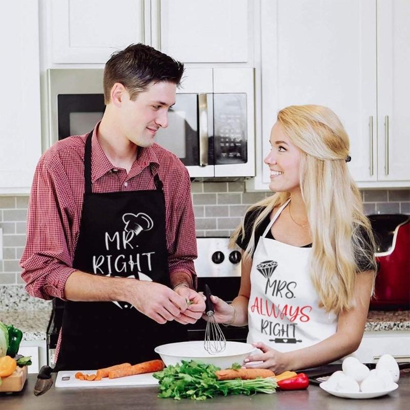 Couple Apron Set Polyester Kitchen Cooking Apparel Adjustable Ties MR & Mrs Design Black Matching Outfit Protection