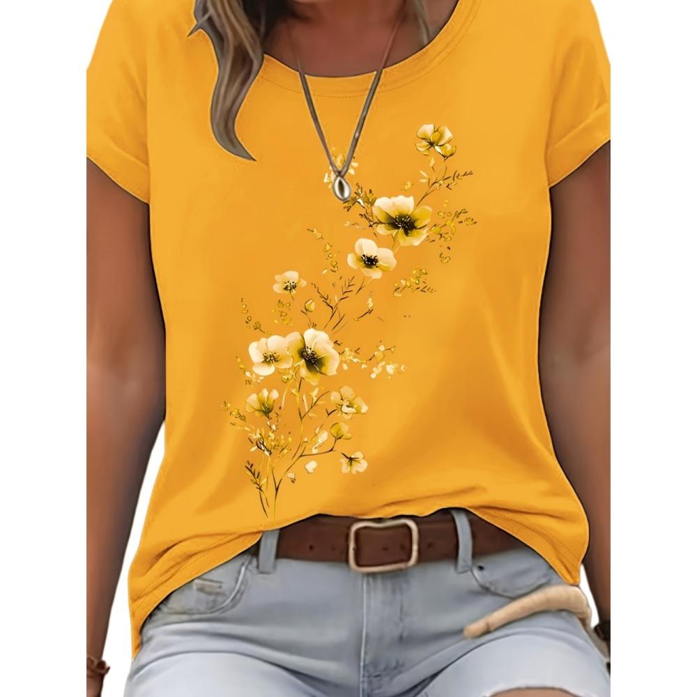 Elegant Floral Branch Print Casual Women's T-Shirt Crew Neck Short Sleeve Tee for Women Summer Holiday Daily Fashion Streetwear