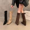 Kilklack Högklack Spetsiga Mocka Pile Stövlar Medium Riddarstövlar Damskor 2025 Vinter Skinny Långa Stövlar