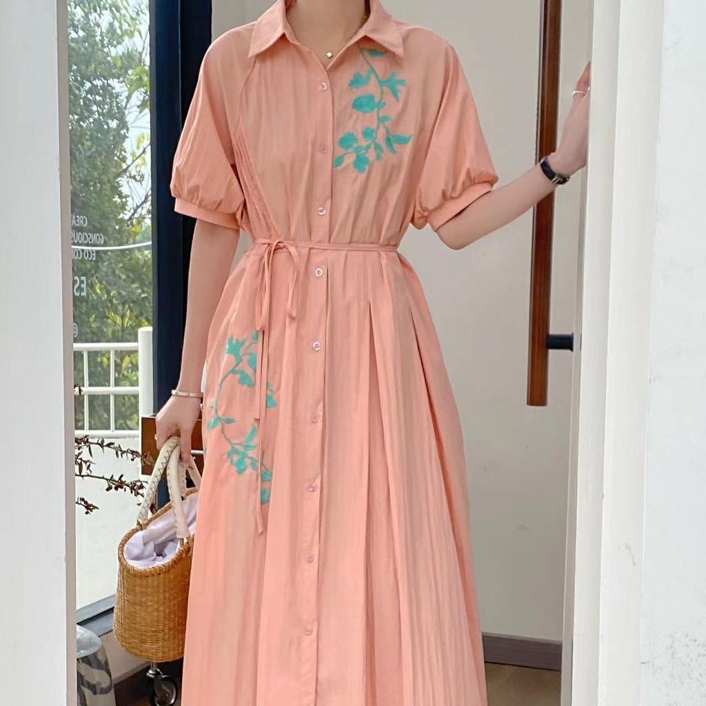 Vintage Loose Embroidery Jacquard Lace Up Design A-line Dress Woman Elegant Lapel Single Breast Pleated Dresses Ins New