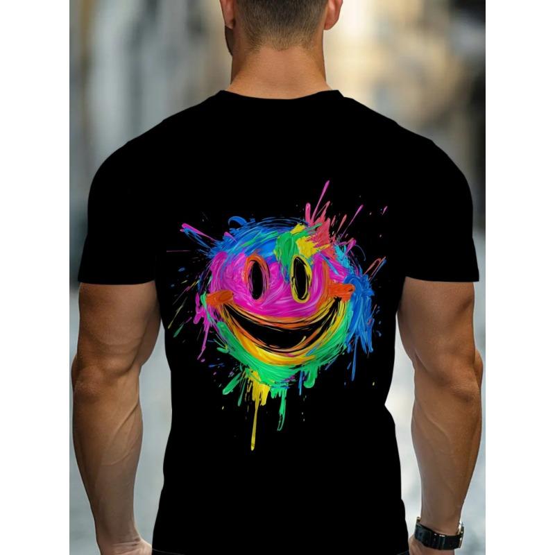 European Sizes Men's Casual T-Shirt for Restaurant Wear, Black Fabric with Vibrant Rainbow Smile Design, Comfortable and Durable, Ideal for Daily Use