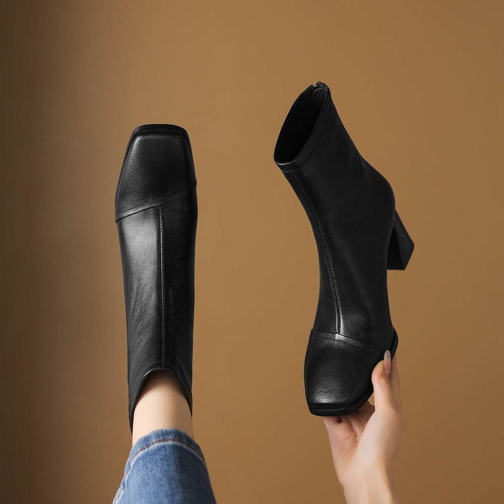 Krazing Pot Sheepskin Winter Square Toe Modern Boots Thick High Heels Zipper Women Ankle Boots