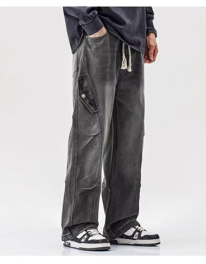 JYL Men's Parachute Pants American Vintage Pleated Patchwork Winter Loose Straight Denim