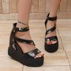 Fashion Rose Print Wedge Heel Ankle Strap Sandals Women 2025 Summer Rear Zip Chunky Platform Sandals Fashion Super High Heel Shoes