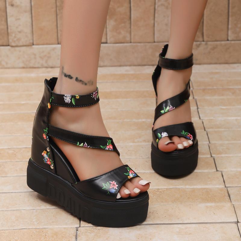 Fashion Rose Print Wedge Heel Ankle Strap Sandals Women 2025 Summer Rear Zip Chunky Platform Sandals Fashion Super High Heel Shoes