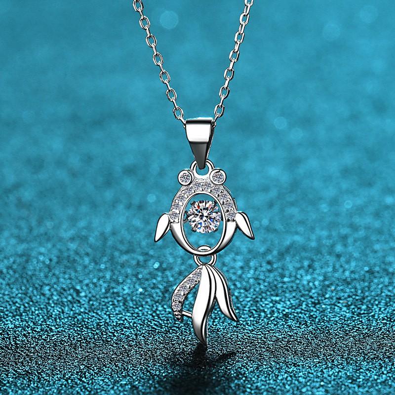 Sterling Fish Pendant Necklace Women 30pt Moissanite Charm Cross Chain Daily Wear Jewelry