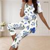 Women Plus Size Round Neck Short Sleeve Blue Floral Printed Flared Top And Capri Pants Two Piece Pajama Set