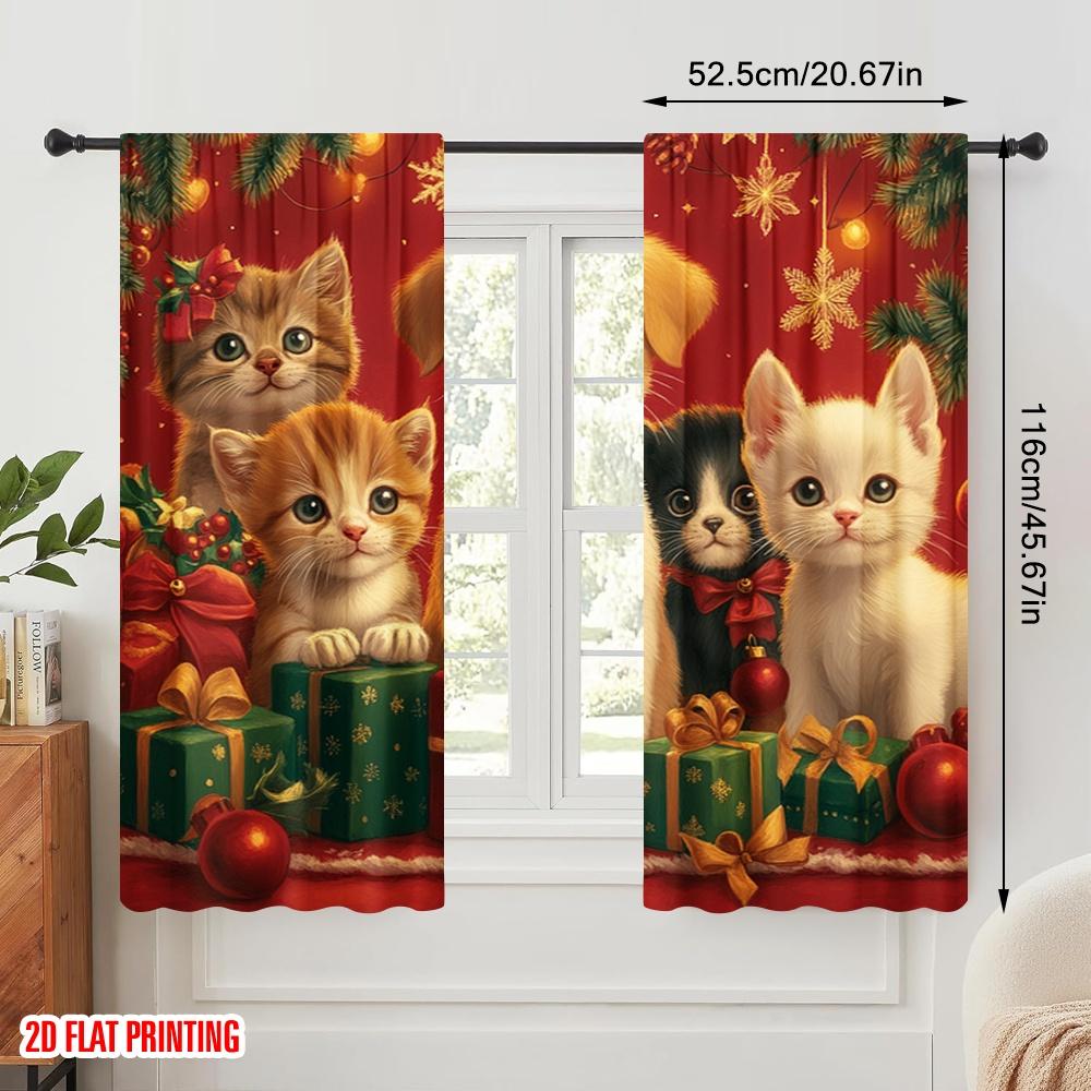 2pcs,2D plane printing Contemporary Curtains Cute Puppies Kittens Christmas Holiday (3) Versatile Polyester Fabric (without rod)
