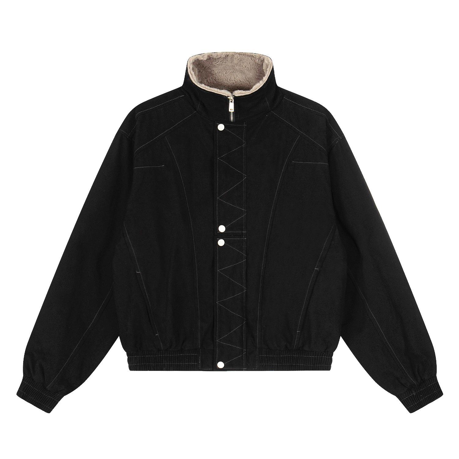 

Unisex Black Deconstructed Stitch Stand Collar Workwear Jacket with Plus Velvet Lining for Autumn/Winter L чорний