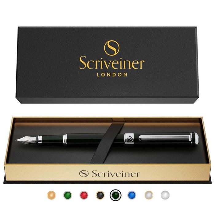 Scriveiner Black Green Fountain Pen - Chrome Finish, Schmidt Fine Nib, Gift Set