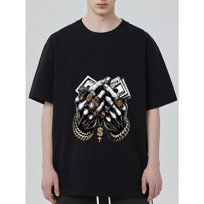 Black T-Shirt with Money and Chain Hands Print for Streetwear Fashion