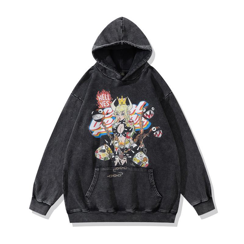 Japanese Animation Printed Hoodie Retro Washed Old Loose Heavy Hooded Sweater Jacket Men And Women