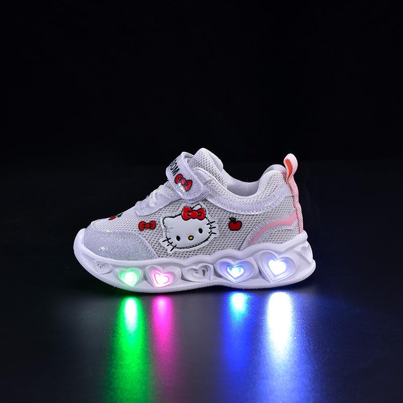 2025 Spring/Autumn Kids' Cartoon Cat LED Light-Up Breathable Mesh Sports Shoes - Trendy Glowing Sneakers for Children